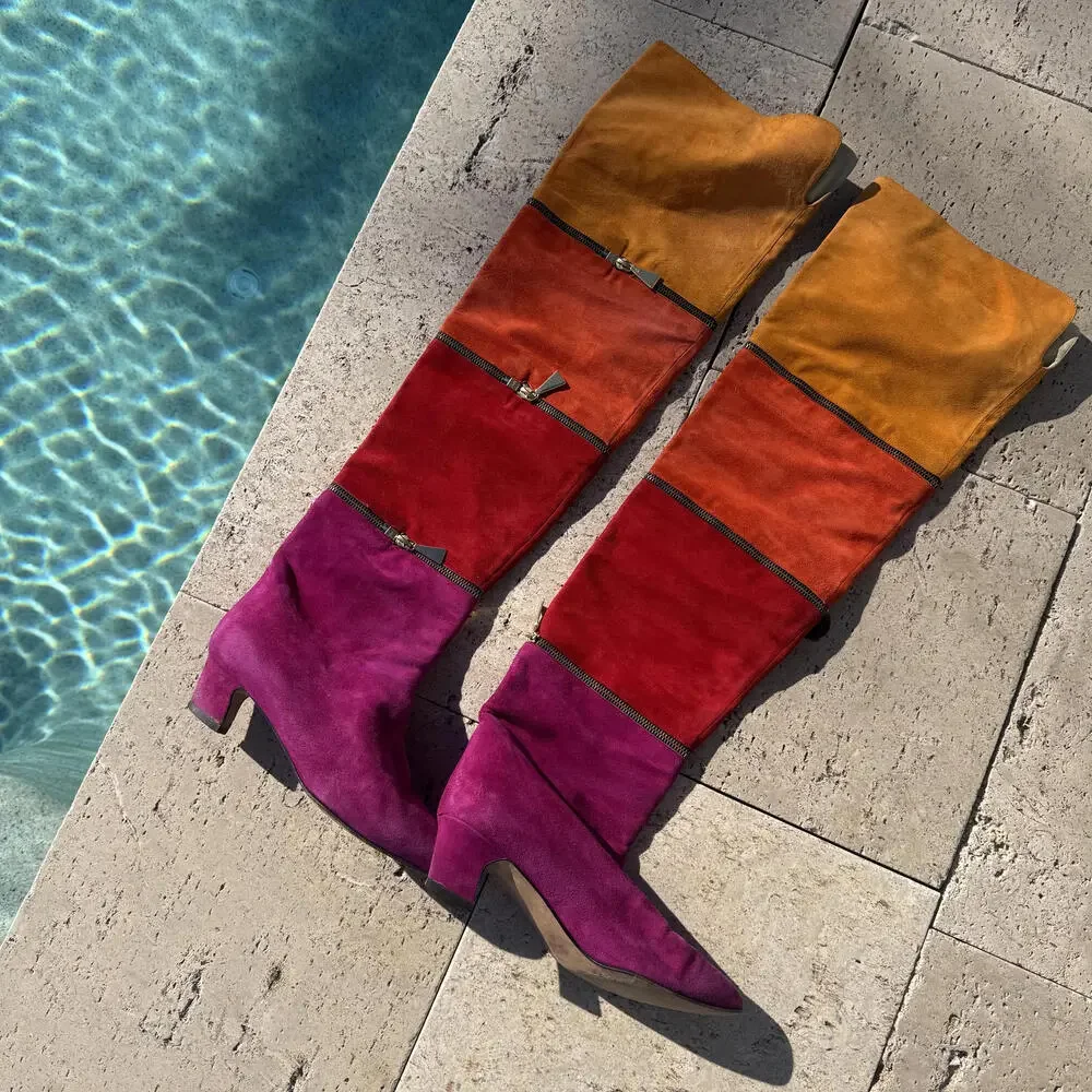 RARE Vintage Anne Klein Couture Women's Colorblock Knee-High Boots 80's 90's